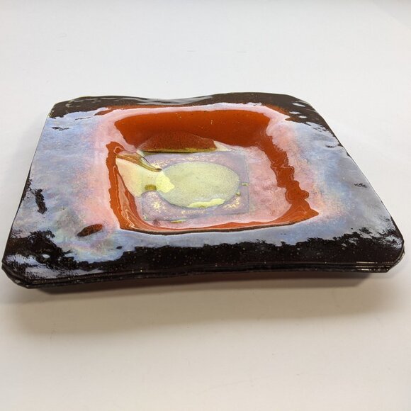 Mid Century Modern orange brown yellow Square Glass Dish for vintage credenza - Picture 5 of 8